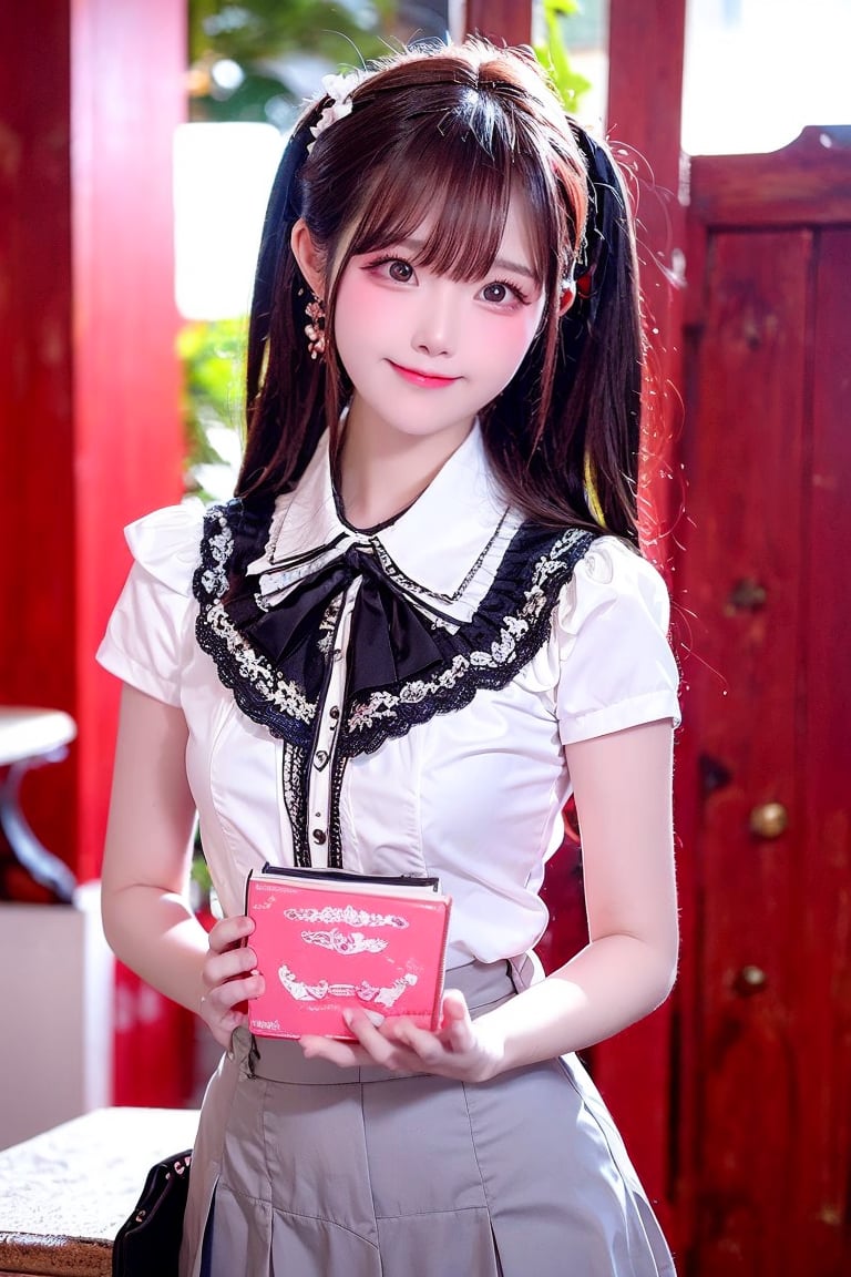 A 27-year-old Taiwanese girl, with a majestic bust, real skin style, delicate face, brown hair, cute European and Japanese girl, Internet idol, angelic face, wearing a plain stand-up collar short-sleeved shirt and a black pleated skirt, holding a book in her arms, looking pure, gentle and innocent, her squinting smiling eyes show her kindness, her expression comforts the viewer, brings joy and bright feelings, creates a beautiful day, she allows us to eliminate worries, drive away anxiety, full of positive atmosphere and energy, the background presents an ethereal and extraordinary feeling