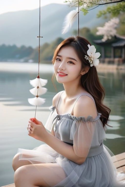 A Korean girl, wearing gray and white tulle, with a delicate face, real style, exquisite facial features, happy smile, sitting by the lake quietly enjoying life, the wind chimes in the wind are so light,
 You listen to the sound of the wind,
 I feel myself gradually rippling,
 It is more comfortable than fallen leaves and more tranquil than lake water.