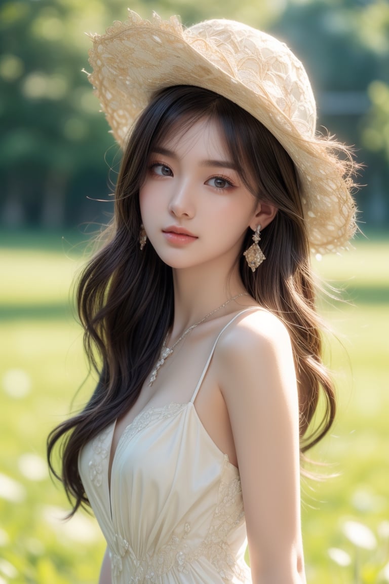 background is forest,horizon,grass field,full body shot,
16 yo, 1 girl, beautiful korean girl,
wearing lovely simple dress(strap),wearing lady hat,looking at sky,smile, solo, {beautiful and detailed eyes}, dark eyes, calm expression, delicate facial features, ((model pose)), Glamor body type, medium breasts,(dark hair:1.2), simple tiny earrings, simple tiny necklace,very_long_hair, hair past hip, bangs, curly hair, flim grain, realhands, masterpiece, Best Quality, 16k, photorealistic, ultra-detailed, finely detailed, high resolution, perfect dynamic composition, beautiful detailed eyes, ((nervous and embarrassed)), sharp-focus, full_body, cowboy_shot,