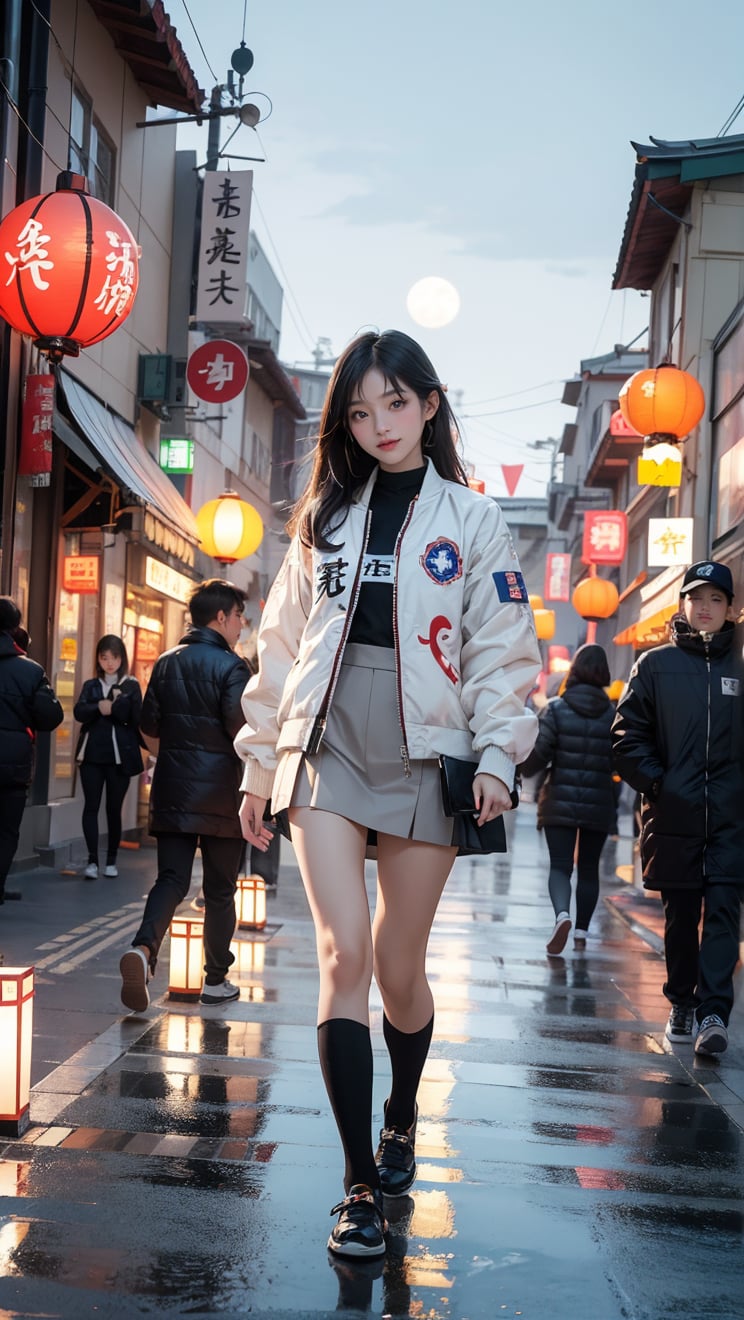 A Taiwanese girl, wearing a white MOYCL uniform and a flight jacket with the Taiwanese flag printed on it, walking on the street with a smile, real skin, delicate white face, a black background with a big moon and the font Happy Mid-Autumn Festival, bright, and "MOYCL FRIENDS" written in sweet love fonts.