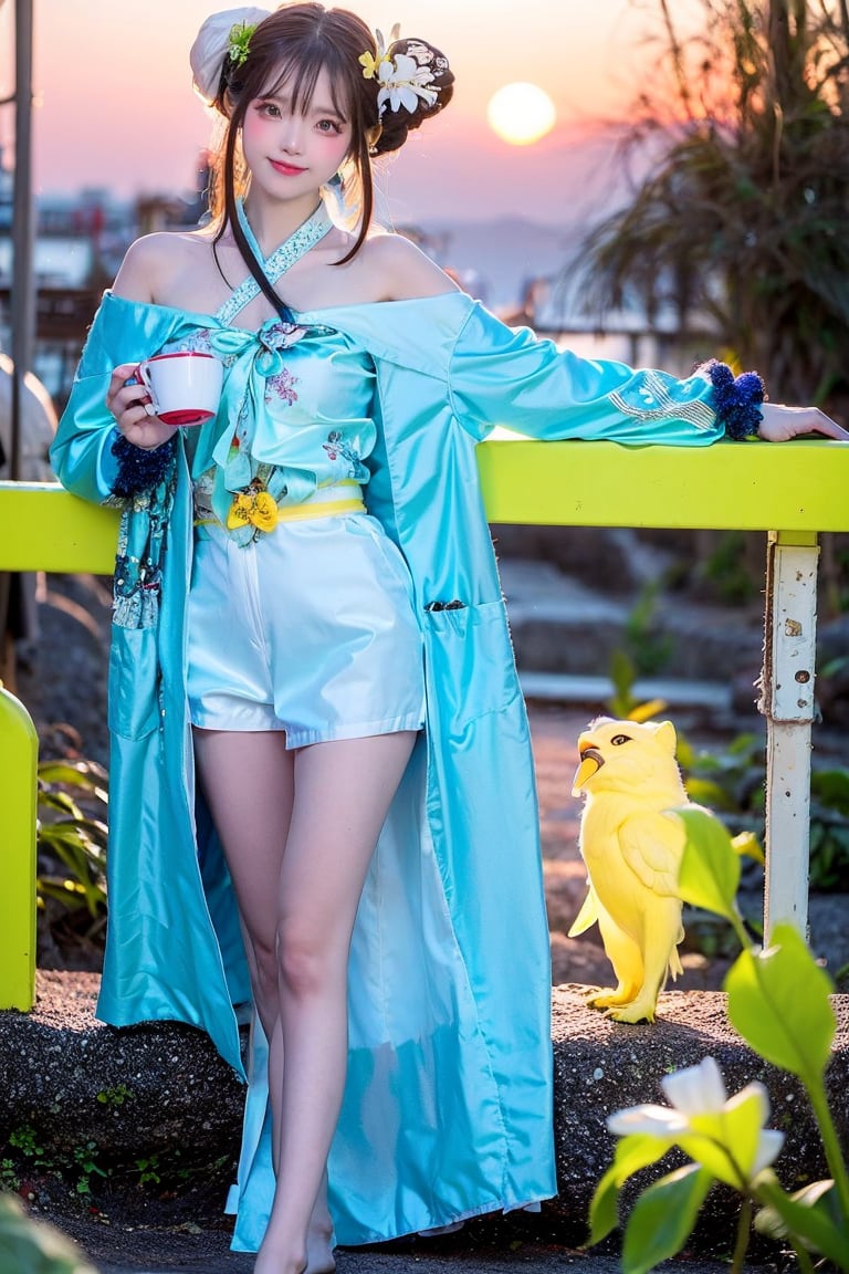 A Taiwanese girl, with real skin style, delicate face, majestic and proud upper body, ethereal and extraordinary feeling, wearing off-shoulder chiffon silk pajamas and a dreamy coat, in a warm morning, with a shy smile in spirit, sitting on the white beach, drinking coffee, with colorful petals flying around her, watching the yellow-blue light of sunrise, the bright green fields and blue sea, enjoying the feeling of being in a paradise at the moment