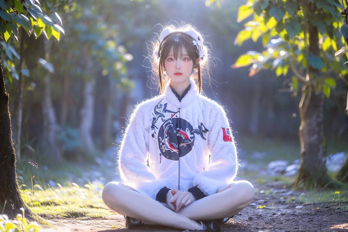 A Taiwanese man, wearing a white flight jacket with the Taiwanese flag printed on it, real skin style, exquisite skin, began to retreat, sitting cross-legged to rest his body with his hands in lotus position, the background is the cosmic blue backlight, the ethereal environment, and there are white spirits around him