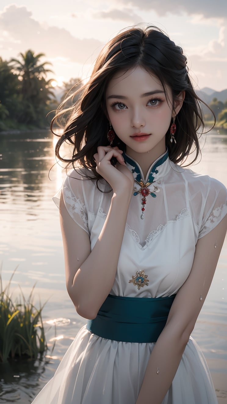 Macro photography, a Taiwanese girl, wearing ancient Miao clothes and white tulle, dancing by the river in the green grassland, surrounded by clouds and mist, raining heavily, her face full of water droplets, her moist skin, The face is covered with sweat, the whole body is soaked, the wet skin is looming, water droplets cover the whole body, the red jewelry on the head, the hands are dancing, the delicate face, the delicate skin, the blue wavy hair, the happy smile, the red sunset in the background