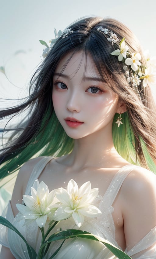 A Taiwanese girl, with real skin style, delicate face, majestic and proud bust, green and soft, matte white, clear water, transparent flowers, white space, rendering, female flow, lightness