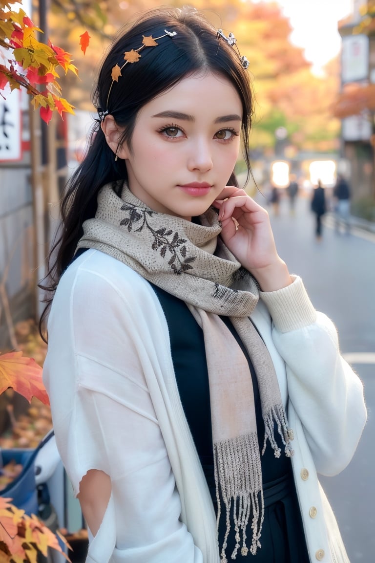 A beautiful woman with a scarf around her neck, black hair, straight pose, japanese ornate hairpin, kyoto, outdoor, autumn, autumn leaves, fallen leaves, photorealistic, detailed textures, high quality, high resolution, high accuracy, realism, color correction, proper lighting settings, harmonious composition, behance works, shallow depth-of-field, bokeh