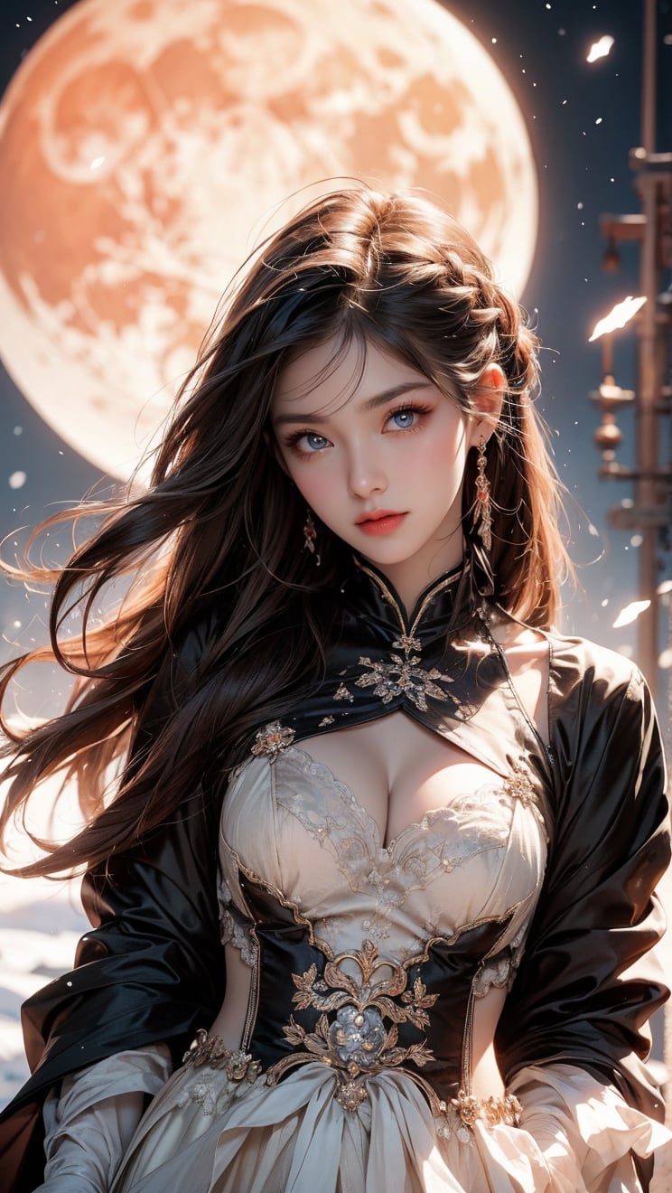 A Taiwanese girl, (realism: 1.2), analog photography style, dreamy snow scene, short black and gray braided hair, full body, soft natural light, cute and sexy smiling, happy, detailed face and blue eyes, high quality, masterpiece, detailed northern mid-autumn night background with a big moon, Chinese style mid-autumn festival atmosphere, quality: 16K, original photo face, real skin effect, clear facial features, majestic bust, analog photography style, dreamy snow scene, short black and gray braided hair, full body, soft natural light, cute and sexy, happy, detailed face and blue eyes, high quality, masterpiece, detailed northern background, quality: 16K, original photo