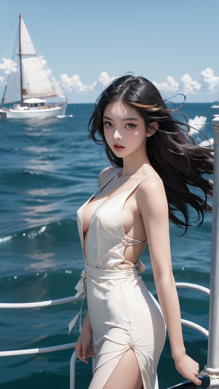 A Taiwanese girl, wearing a white period costume and white tulle, real skin style, delicate face, long flowing hair, strikes a dancing pose with a sailboat as the background. She stands by the boat, with the sea and sails visible behind her, suggesting a nautical theme. The background is a clear blue sky, and the lighting is bright and natural. The overall color scheme is cool, mainly blue, which complements the marine environment, emphasizing realistic textures and bright colors.