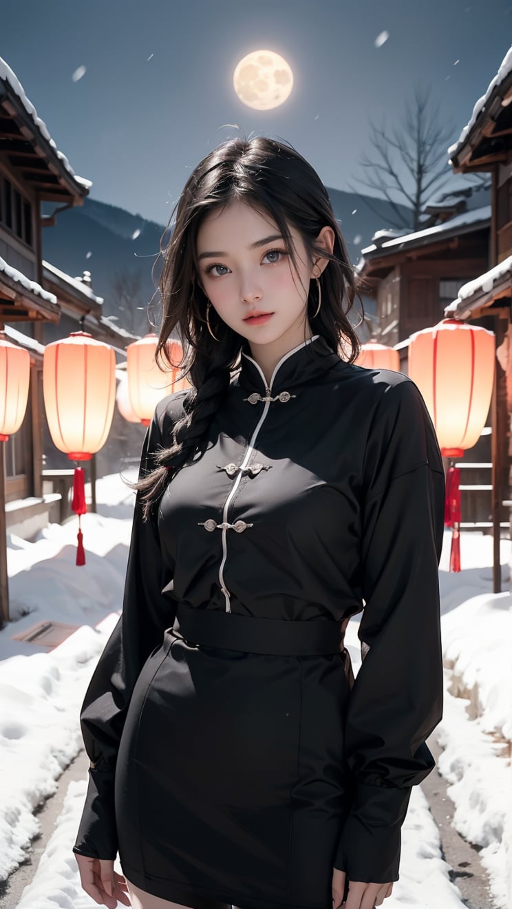 A Taiwanese girl, (realism: 1.2), analog photography style, dreamy snow scene, short black and gray braided hair, full body, soft natural light, cute and sexy smiling, happy, detailed face and blue eyes, high quality, masterpiece, detailed northern mid-autumn night background with a big moon, Chinese style mid-autumn festival atmosphere, quality: 16K, original photo face, real skin effect, clear facial features, majestic bust, analog photography style, dreamy snow scene, short black and gray braided hair, full body, soft natural light, cute and sexy, happy, detailed face and blue eyes, high quality, masterpiece, detailed northern background, quality: 16K, original photo