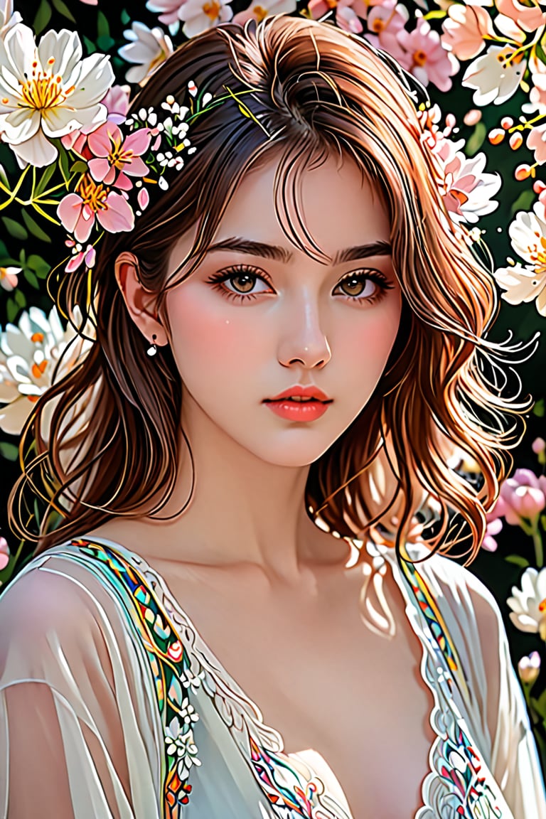 Masterpiece, HD, 8K, A captivating and minimalist illustration of a 20-year-old woman. The upper body, the face is drawn at a 45-degree angle in the center, and delicate touches of pastel accentuate her (high-topped hair color), large eyes, plump cheeks and lips, beautiful white skin and small face with elegant touches. Similar to the touch of Fakhtali Abderrahim, fragile and delicate, the background is a space surrounded by many luminous flowers, and the colorful, magical and mysterious presence is reflected in the expression.