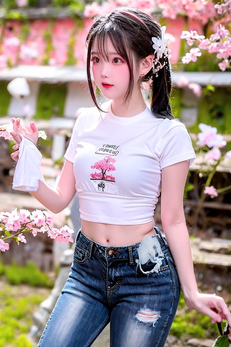 A Taiwanese girl, wearing a short T-shirt and short jeans, 
dries clothes under a cherry blossom tree in spring, petals are flying, the camera is shooting from bottom to top, real skin style, delicate face, majestic bust, the background presents an ethereal and extraordinary feeling.