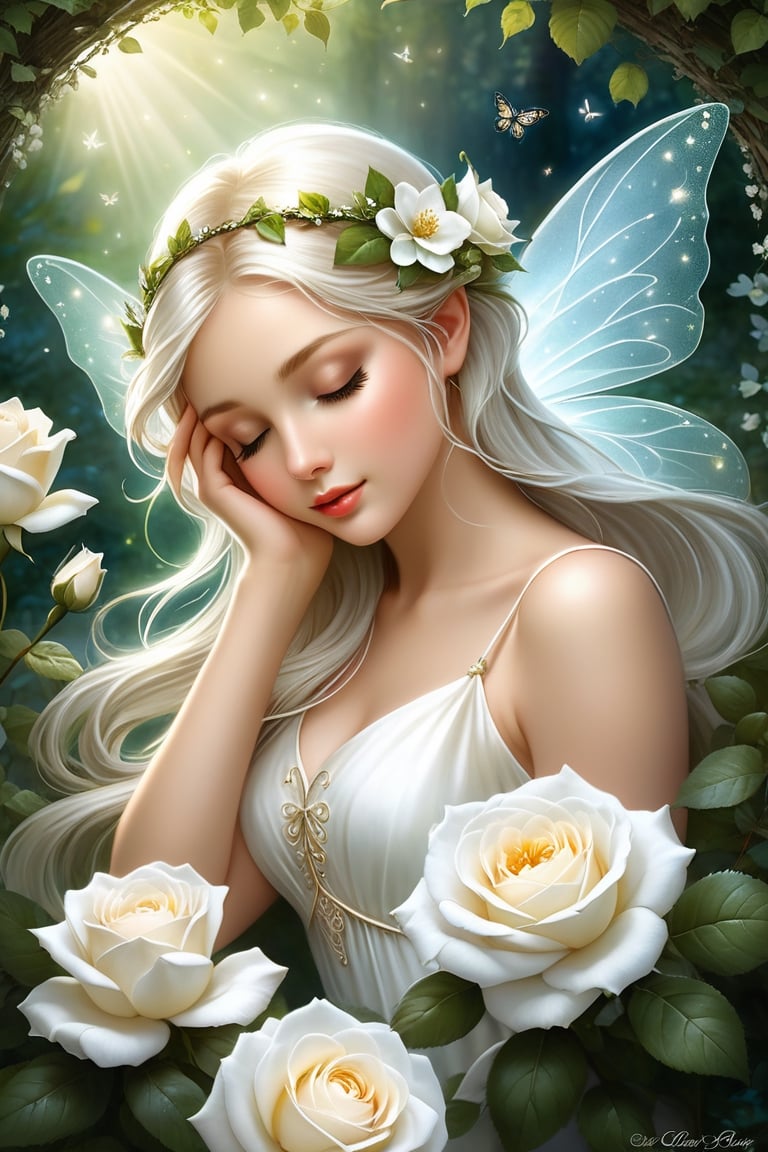 An ultra high quality award-winning Masterpiece. The little fairy sleeps on a white rose. Her wings tremble slightly from the gentle breeze that whispers sweet tales to her. A small flower is nestled in her hair, as if wanting to adorn her even more. Silence reigns around, only the birds singing and the rustling of leaves disturb this idyll. The fairy looks so calm and innocent, as if nature itself protects her from any harm. Her face expresses such peace, as if she sees the most beautiful dreams. At this moment, the world seems so soft and kind, as if every element of nature is woven from magic. The sleeping fairy on the white rose reminds us that there is a place for wonders and magic in this world, even in the most delicate moments.