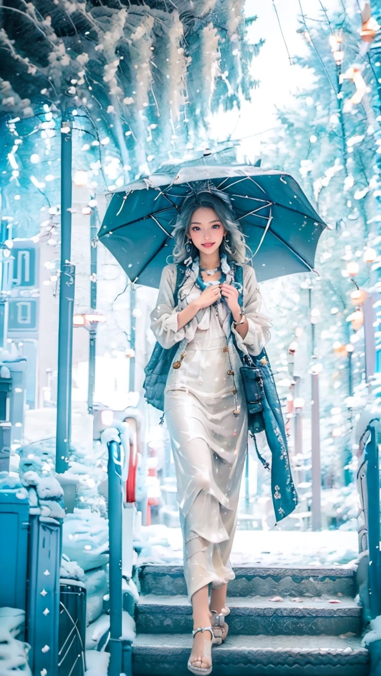 Beautiful Korean woman with white silk scarf around her neck, long blue wavy white hair, messy hair, bright blue eyes, model's beautiful chest figure pose, Japanese gorgeous jewelry hairpin, Okinawa sea view, it is raining heavily , drenched in water, splash background, rain on body, blue sky, fallen leaves, photorealistic, detailed textures, high quality, high resolution, high precision, realistic skin feel, color correction, appropriate lighting settings, harmony composition, happy smiling performance work, shallow depth of field, bokeh,Extremely Realistic,1 girl