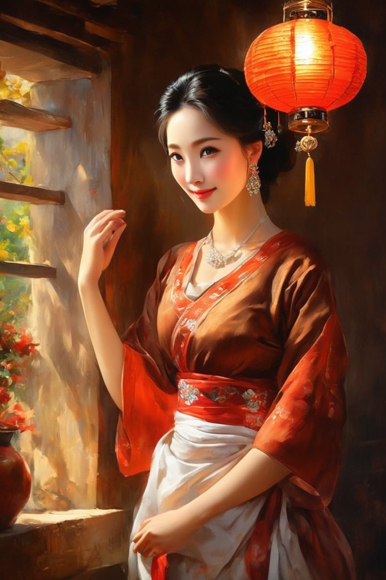 masterpiece, high quality, oil painting style, 1brown village belle, traditional curved revealing  blouse, oil lantern only source of light in room, her eyes explain a newlywed's  yearning, traditional village rope bed backdrop 
