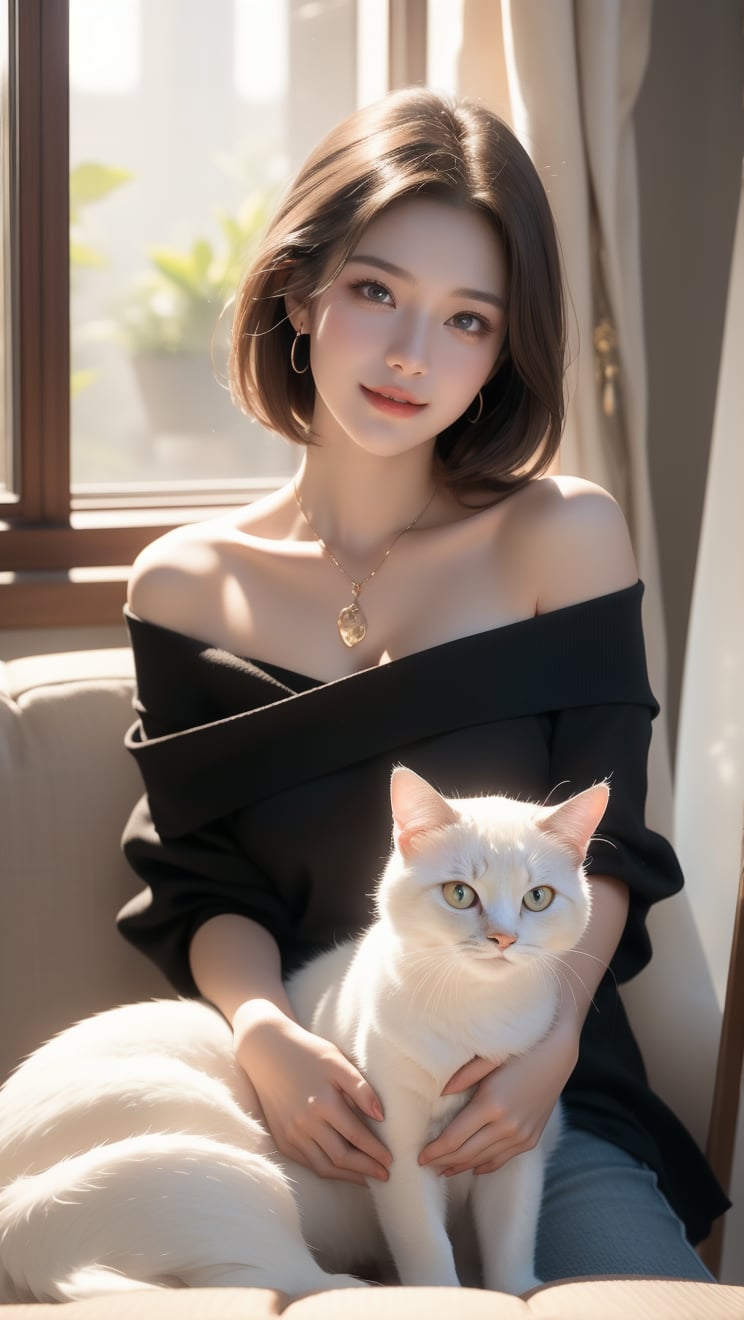 Create a photograph with a realistic style, potentially taken by a professional photographer. It features a well-composed portrait of a young woman and her cat. The woman, situated in the center foreground, is holding a white cat close to her chest. She is wearing an off-shoulder top and smiling at the camera. The background is an indoors living space with warm lighting, including a lit lamp on a table and blurred furniture. Subtle details such as the soft lighting, uncluttered background, and natural tones contribute to a serene, homely atmosphere.