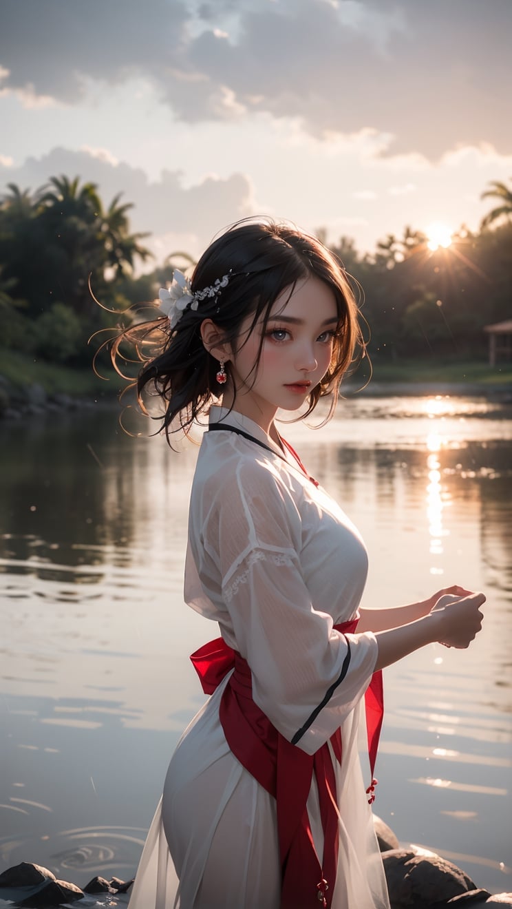 Macro photography, a Taiwanese girl, wearing ancient Miao clothes and white tulle, dancing by the river in the green grassland, surrounded by clouds and mist, raining heavily, her face full of water droplets, her moist skin, The face is covered with sweat, the whole body is soaked, the wet skin is looming, water droplets cover the whole body, the red jewelry on the head, the hands are dancing, the delicate face, the delicate skin, the blue wavy hair, the happy smile, the red sunset in the background