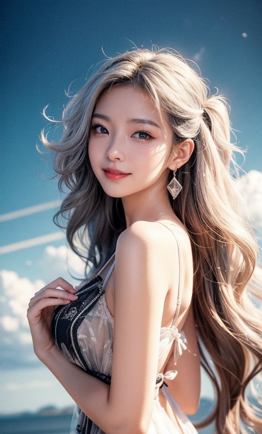 A Taiwanese girl, wearing a black and white gauze nightgown, real skin effect, clear facial features, smiling and looking to the side, solo, long blue and white hair, hairstyle with wavy hair, looking at the audience, hairstyle with wavy hair, closed Mouth, the girl's right hand moves her hair behind her right ear.  There are clouds and colorful abstract paint on the wall in the background