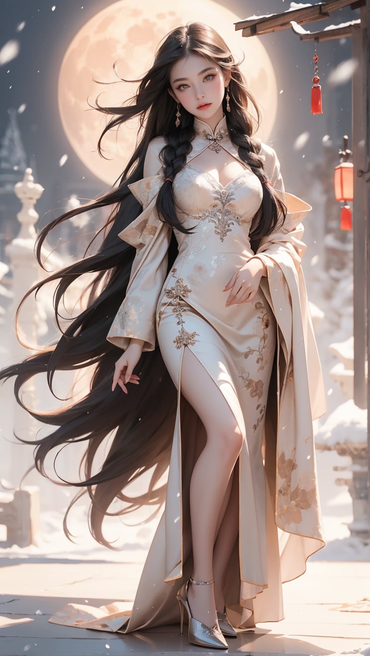 A Taiwanese girl, (realism: 1.2), analog photography style, dreamy snow scene, short black and gray braided hair, full body, soft natural light, cute and sexy smiling, happy, detailed face and blue eyes, high quality, masterpiece, detailed northern mid-autumn night background with a big moon, Chinese style mid-autumn festival atmosphere, quality: 16K, original photo face, real skin effect, clear facial features, majestic bust, analog photography style, dreamy snow scene, short black and gray braided hair, full body, soft natural light, cute and sexy, happy, detailed face and blue eyes, high quality, masterpiece, detailed northern background, quality: 16K, original photo