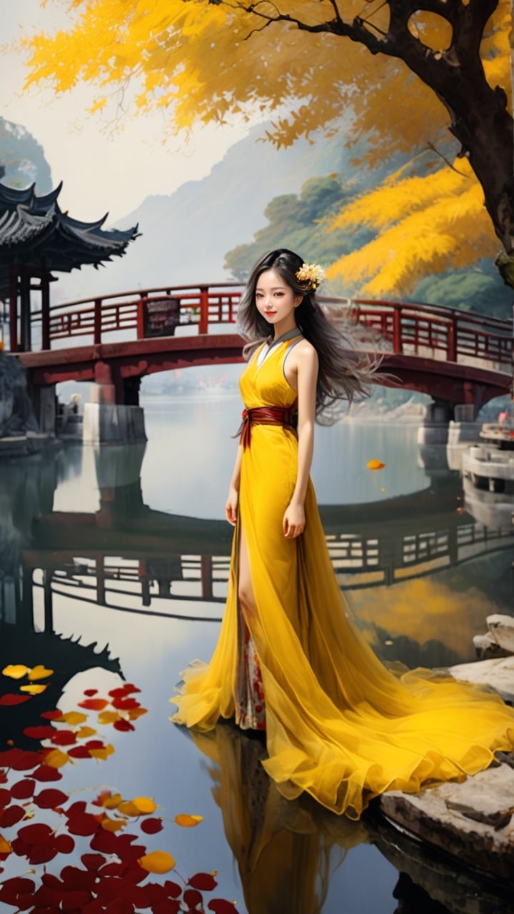 A beautiful girl from Taiwan stands under the big Arbor tree. The yellow fallen leaves are in full bloom. The yellow petals remain on the girl's body. She is smiling happily. Her real skin and delicate face are wearing a red tulle dress and gray-white wavy hair. Long hair, with a bridge and lake in the background and white smoke filling the lake