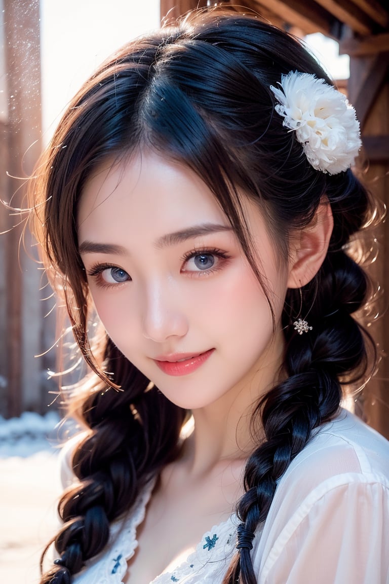 A Taiwanese girl, (realism: 1.2), analog photography style, dreamy snow scene, short black and gray braided hair, full body, soft natural light, cute and sexy smiling, happy, detailed face and blue eyes, high quality, masterpiece, detailed northern mid-autumn night background with a big moon, Chinese style mid-autumn festival atmosphere, quality: 16K, original photo face, real skin effect, clear facial features, majestic bust, analog photography style, dreamy snow scene, short black and gray braided hair, full body, soft natural light, cute and sexy, happy, detailed face and blue eyes, high quality, masterpiece, detailed northern background, quality: 16K, original photo