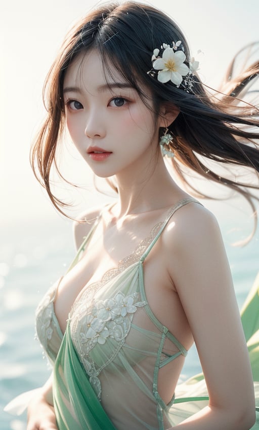 A Taiwanese girl, with real skin style, delicate face, majestic and proud bust, green and soft, matte white, clear water, transparent flowers, white space, rendering, female flow, lightness