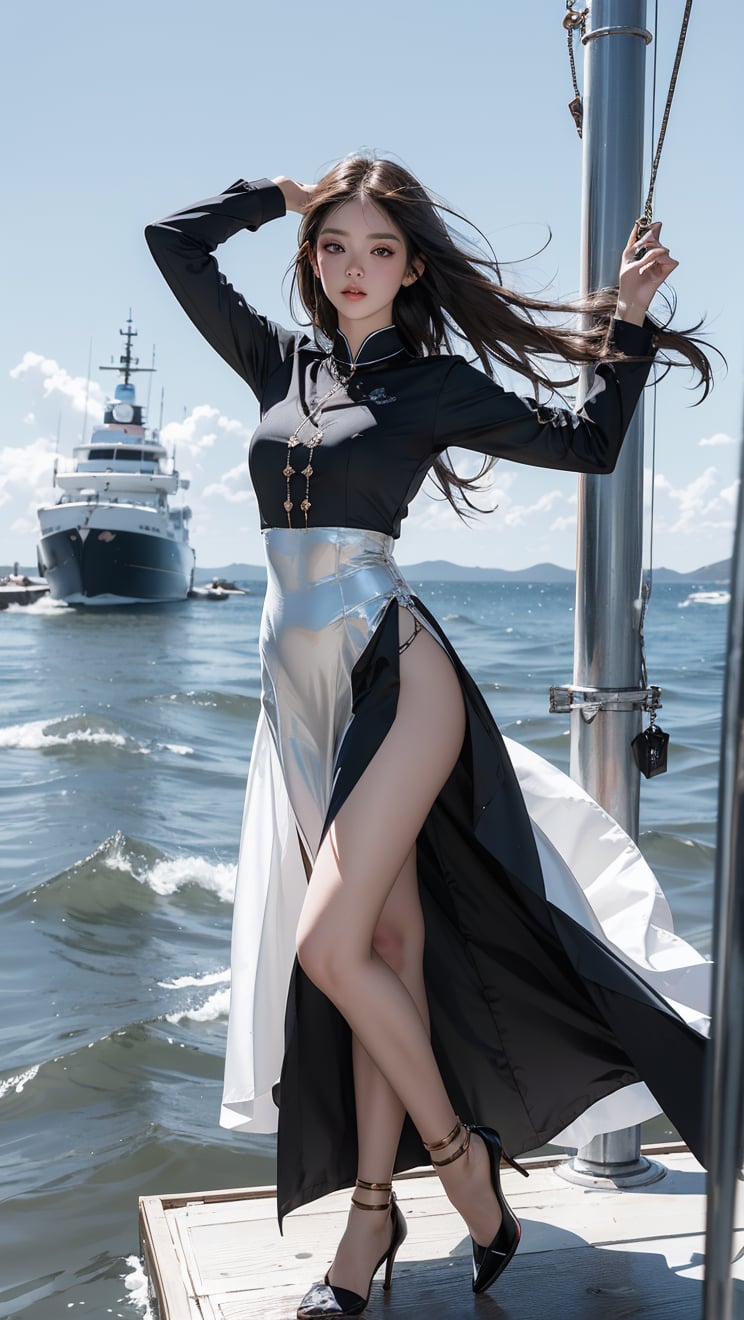 A Taiwanese girl, wearing a white period costume and white tulle, real skin style, delicate face, long flowing hair, strikes a dancing pose with a sailboat as the background. She stands by the boat, with the sea and sails visible behind her, suggesting a nautical theme. The background is a clear blue sky, and the lighting is bright and natural. The overall color scheme is cool, mainly blue, which complements the marine environment, emphasizing realistic textures and bright colors.