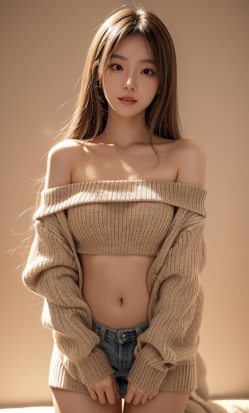 Real-life version of Hatsune Miku, a young and beautiful Taiwanese girl, with real skin effects, beautiful and lifelike eyes, beautiful lips, long golden hair, knitted white flat-necked off-shoulder long sweater. Waist and navel exposed. Long and strong hair. , brown hair, vector fashion. Unrestrained, wild sexy and sultry. Super clear face