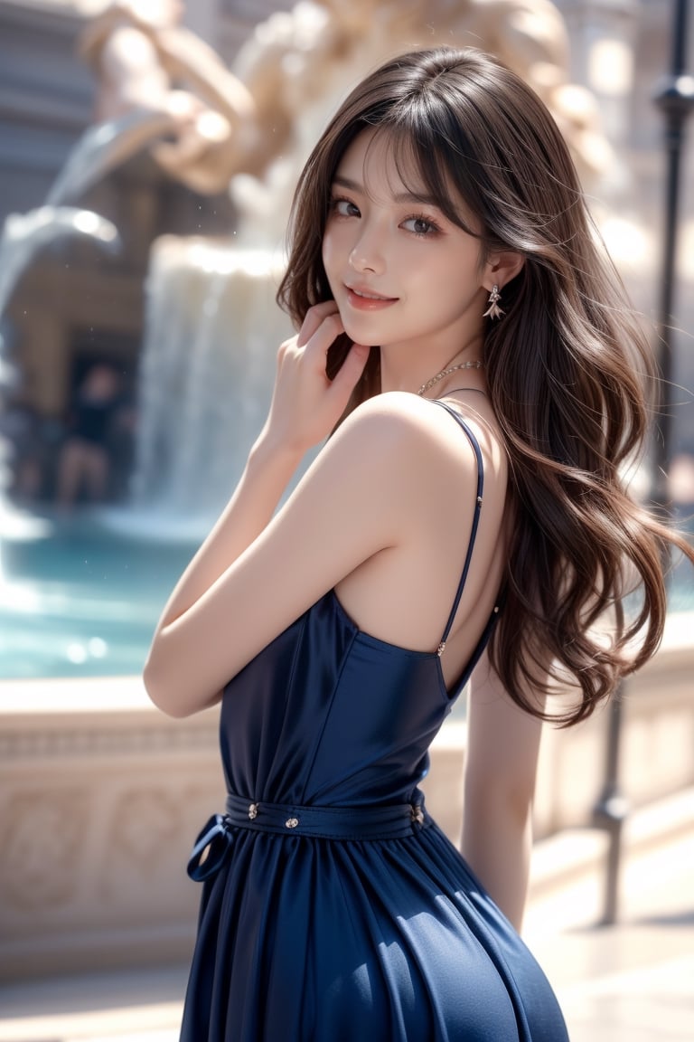 background is Fontana di Trevi,Italia,
18 yo, 1 girl, beautiful korean girl,happy smile,wearing simple deep blue dress(strap),taking a photo with camera,
solo, {beautiful and detailed eyes}, dark eyes, calm expression, delicate facial features, ((model pose)), Glamor body type, (dark hair:1.2),very long hair,curly hair,hair_past_waist,bangs,
simple tiny necklace,simple tiny earrings, flim grain, realhands, masterpiece, Best Quality, 16k, photorealistic, ultra-detailed, finely detailed, high resolution, perfect dynamic composition, beautiful detailed eyes, happy smile, ((nervous and embarrassed)), sharp-focus, full_body, cowboy_shot