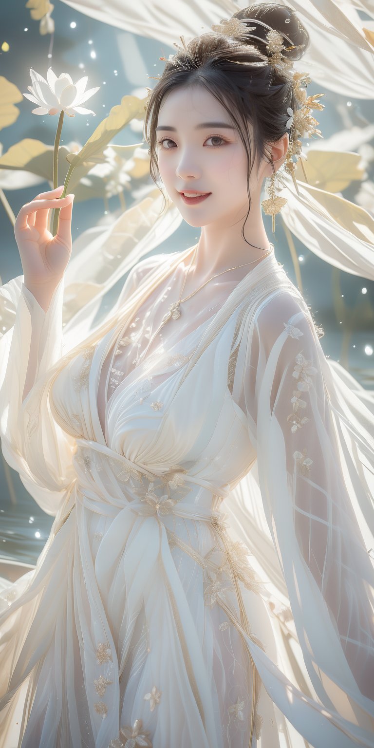 A Taiwanese girl, realism, delicate face, long thin necklace, sleeveless spaghetti straps, soaked one-piece tulle slit, ethereal eyes, dance moves, dancing body, backlighting effect, raining and sweating , with a shy smile, disheveled hair and make-up, and a majestic waist, playing in the water on the bank of the Li River in China, the background presents an ethereal and otherworldly feeling.