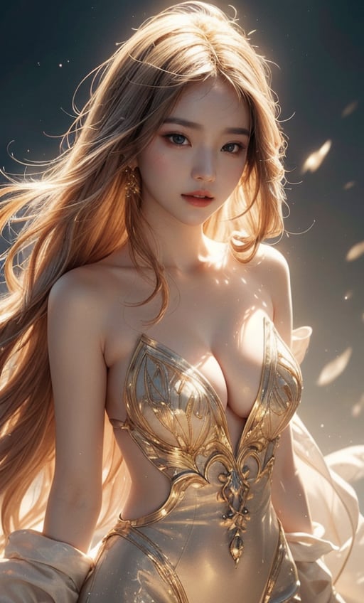 Create a full-body digital artwork by artist Guweiz features a hyper-realistic style with fantasy elements. In its composition, the central focus is on a serene, ethereal woman with long, flowing hair, seemingly made of liquid gold. She is clad in a form-fitting, metallic, intricate transparent garment that melds with her hair, creating a mesmerizing blend of organic and inorganic forms. The background is minimalistic and gradient, highlighting the subject's ethereal beauty and intricate details. The overall palette is muted with warm tones, giving the scene a serene yet otherworldly aura. The lighting accentuates her flawless, porcelain-like skin, creating a soft, radiant glow around her.