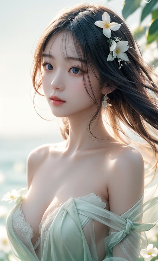 A Taiwanese girl, with real skin style, delicate face, majestic and proud bust, green and soft, matte white, clear water, transparent flowers, white space, rendering, female flow, lightness