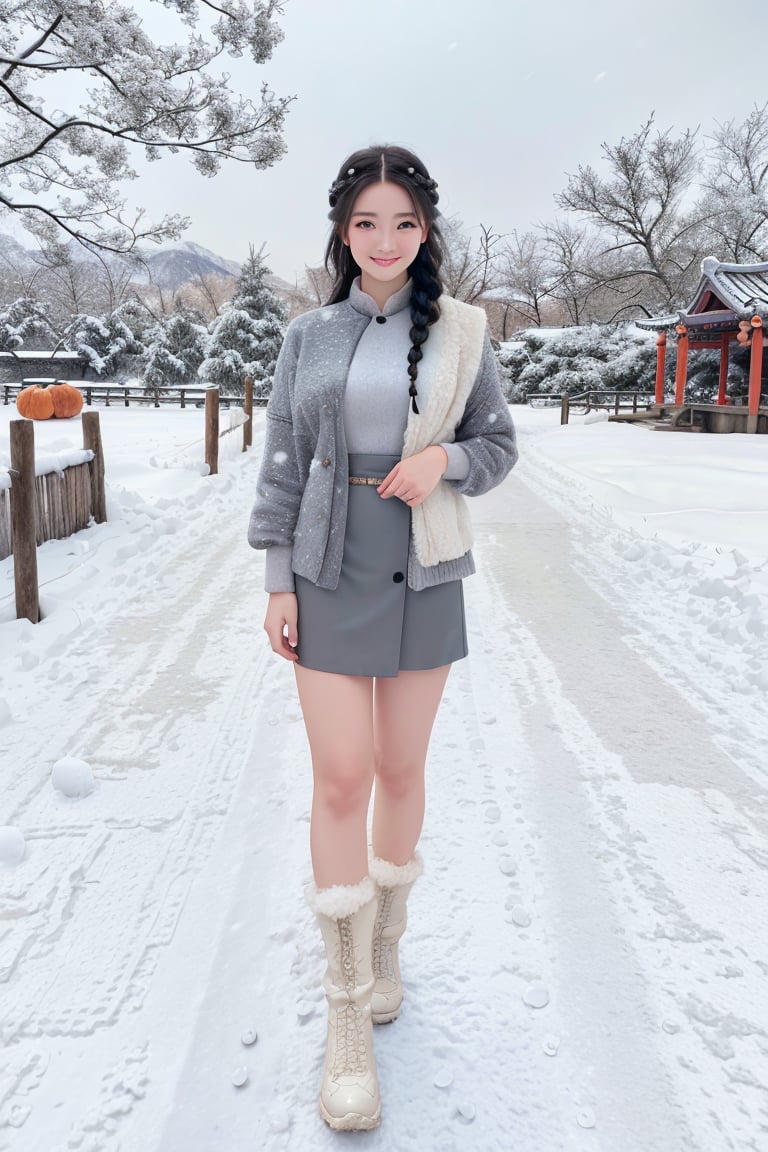 A Taiwanese girl, (realism: 1.2), analog photography style, dreamy snow scene, short black and gray braided hair, full body, soft natural light, cute and sexy smiling, happy, detailed face and blue eyes, high quality, masterpiece, detailed northern mid-autumn night background with a big moon, Chinese style mid-autumn festival atmosphere, quality: 16K, original photo face, real skin effect, clear facial features, majestic bust, analog photography style, dreamy snow scene, short black and gray braided hair, full body, soft natural light, cute and sexy, happy, detailed face and blue eyes, high quality, masterpiece, detailed northern background, quality: 16K, original photo