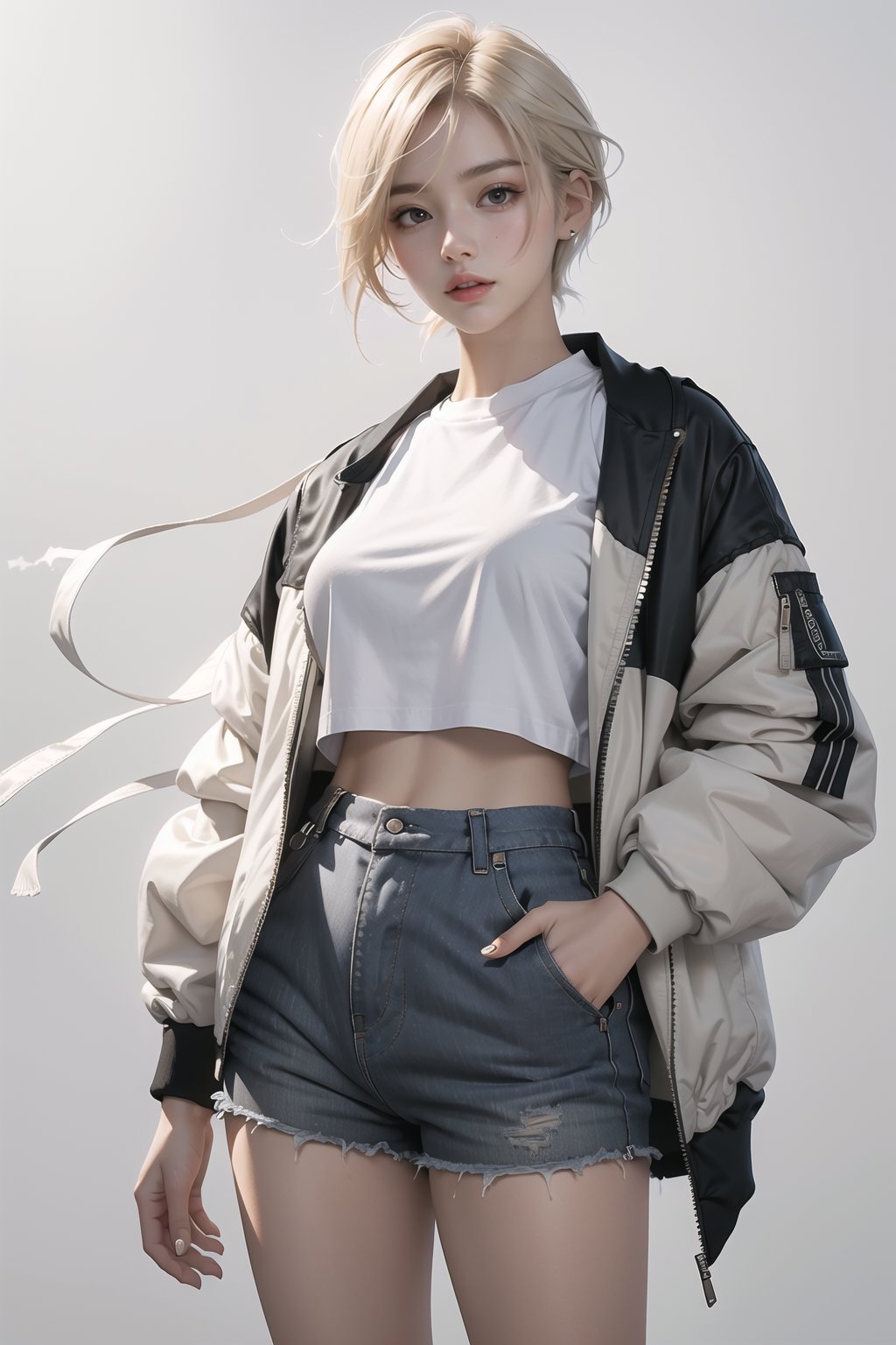 Best quality, masterpiece, ultra high res, (photorealistic:1.4), raw photo, korea girl 22 year old, blond sleek pixie shorts hair style, wearing oversize black jacket bomber m1, shorts bluejeans, white sneaker, solid grey background,