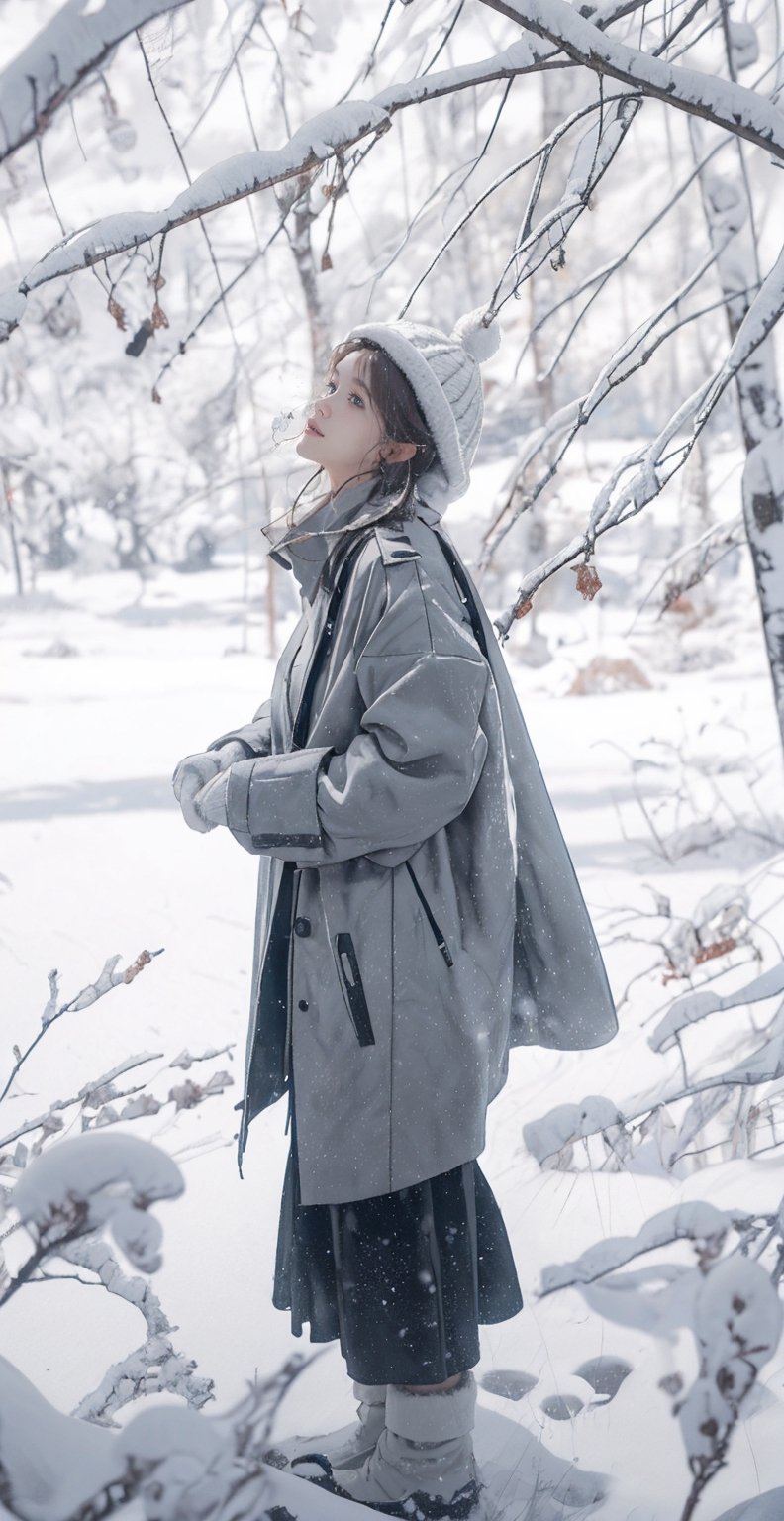 Christmas Eve, a snowy day, a young girl standing in a forest clearing, surrounded by tall, snow-covered trees, creating a picturesque scene with a magical and cozy atmosphere. The girl is wearing a warm woolen coat, a fluffy hat, and mittens,her face as she looks up at the falling snowflakes. Her breath is visible in the crisp winter air, and tiny icicles have formed on the branches above her head. The ground is covered in a blanket of untouched snow, and there is a sense of tranquility and serenity in the air. ,Realism