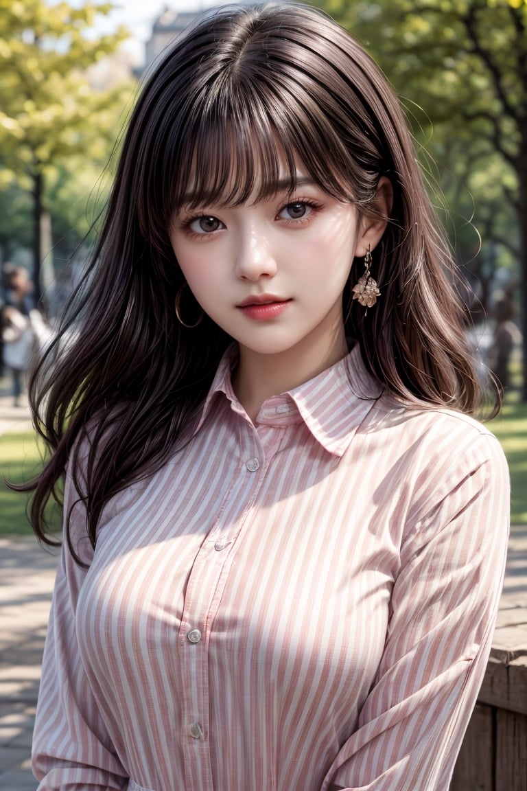 masterpiece, high-quality realistic photo, high resolution photo, high-quality, 8K, sinematic lighting, warm lighting, high contrast, sharp-focus, ((bust-up shot)), (detailed beautiful face), detailed dark-eyes, bokeh, in the park, at spring, 
18yo-japanese-1girl, light smile, smooth skin, black medium wavy hair, dull bangs, juicy lips, medium breasts,earing,                                                                             
(detailed light-pink collared london-stripe shirt)