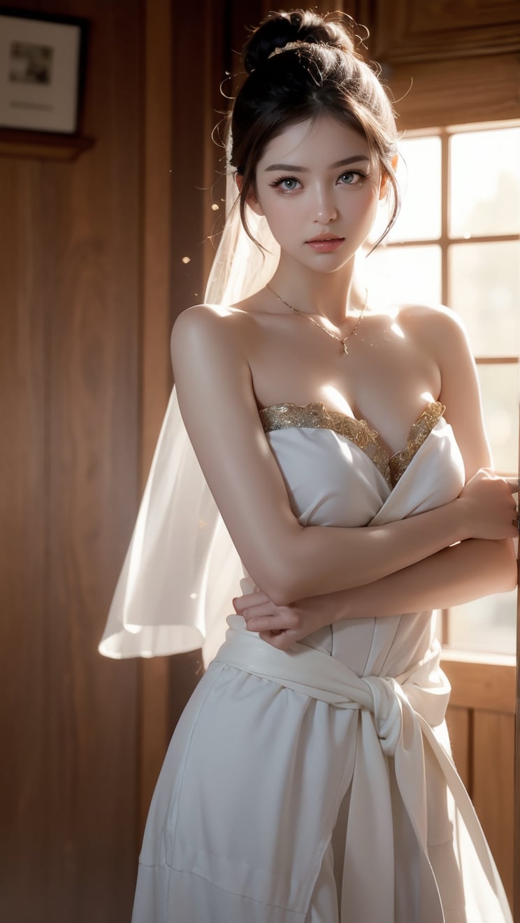 In a Japanese inn, there is a beautiful Taiwanese girl from ancient times, with a majestic bust, real skin style, gray-white flowing short hair, a long deep V strapless dhoti, ethereal eyes, backlight effect, shy smile, water droplets on the skin, messy bun short hair, long thin necklace, holding a samurai sword in both hands, and the samurai sword is emitting blue heat and light.