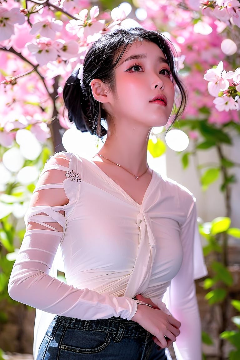 A Taiwanese girl, wearing a short T-shirt and short jeans, 
dries clothes under a cherry blossom tree in spring, petals are flying, the camera is shooting from bottom to top, real skin style, delicate face, majestic bust, the background presents an ethereal and extraordinary feeling.