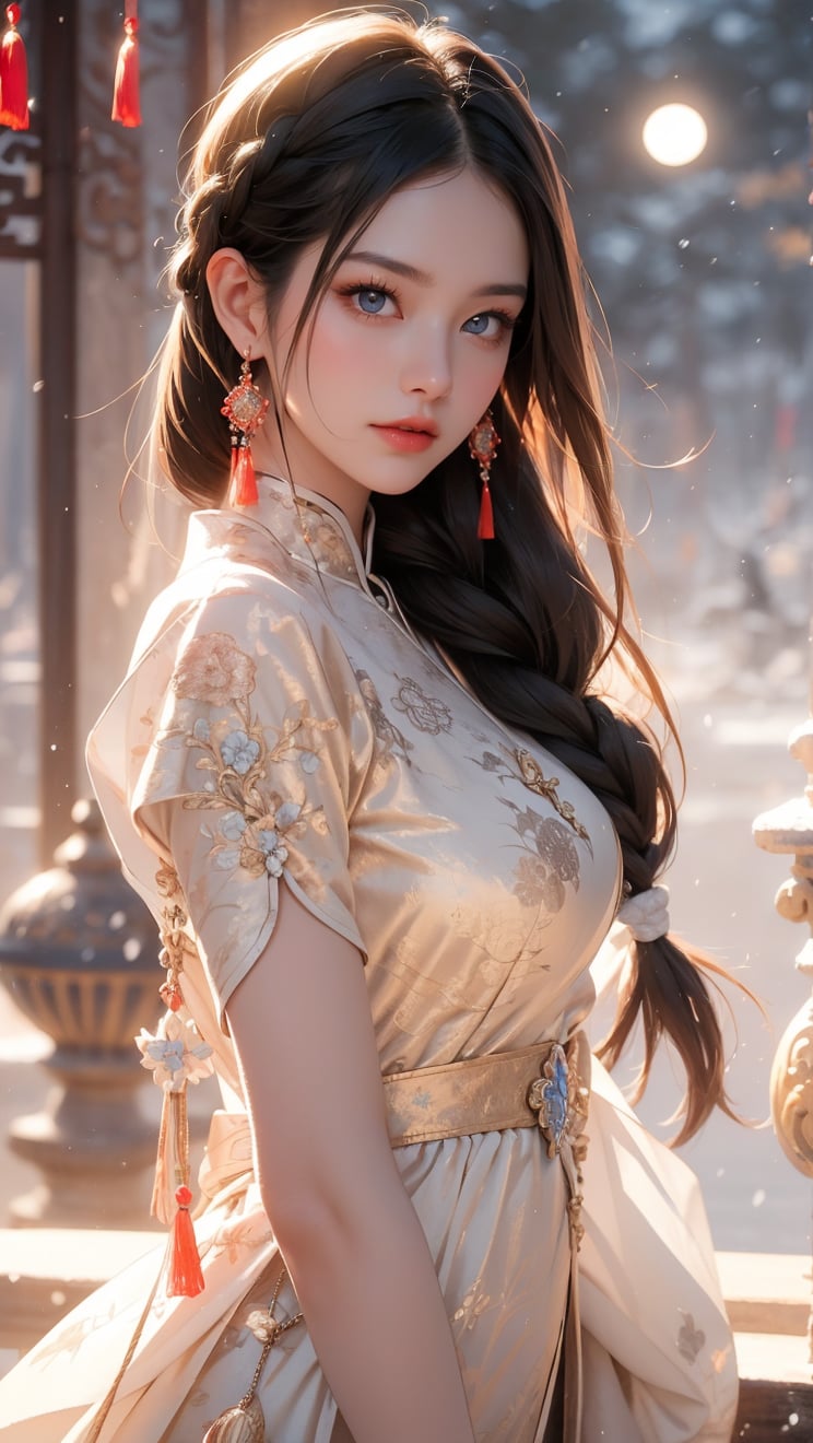 A Taiwanese girl, (realism: 1.2), analog photography style, dreamy snow scene, short black and gray braided hair, full body, soft natural light, cute and sexy smiling, happy, detailed face and blue eyes, high quality, masterpiece, detailed northern mid-autumn night background with a big moon, Chinese style mid-autumn festival atmosphere, quality: 16K, original photo face, real skin effect, clear facial features, majestic bust, analog photography style, dreamy snow scene, short black and gray braided hair, full body, soft natural light, cute and sexy, happy, detailed face and blue eyes, high quality, masterpiece, detailed northern background, quality: 16K, original photo