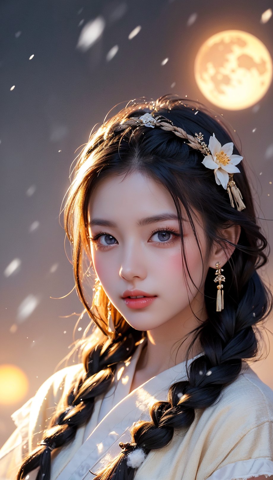 A Taiwanese girl, (realism: 1.2), analog photography style, dreamy snow scene, short black and gray braided hair, full body, soft natural light, cute and sexy smiling, happy, detailed face and blue eyes, high quality, masterpiece, detailed northern mid-autumn night background with a big moon, Chinese style mid-autumn festival atmosphere, quality: 16K, original photo face, real skin effect, clear facial features, majestic bust, analog photography style, dreamy snow scene, short black and gray braided hair, full body, soft natural light, cute and sexy, happy, detailed face and blue eyes, high quality, masterpiece, detailed northern background, quality: 16K, original photo