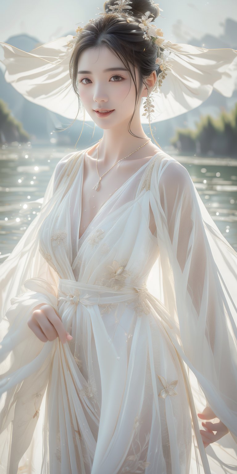 A Taiwanese girl, realism, delicate face, long thin necklace, sleeveless spaghetti straps, soaked one-piece tulle slit, ethereal eyes, dance moves, dancing body, backlighting effect, raining and sweating , with a shy smile, disheveled hair and make-up, and a majestic waist, playing in the water on the bank of the Li River in China, the background presents an ethereal and otherworldly feeling.