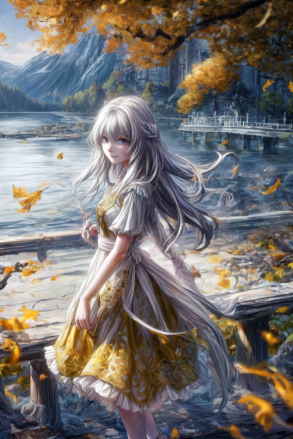 A beautiful girl from Taiwan stands under the big Arbor tree. The yellow fallen leaves are in full bloom. The yellow petals remain on the girl's body. She is smiling happily. Her real skin and delicate face are wearing a red tulle dress and gray-white wavy hair. Long hair, with a bridge and lake in the background and white smoke filling the lake