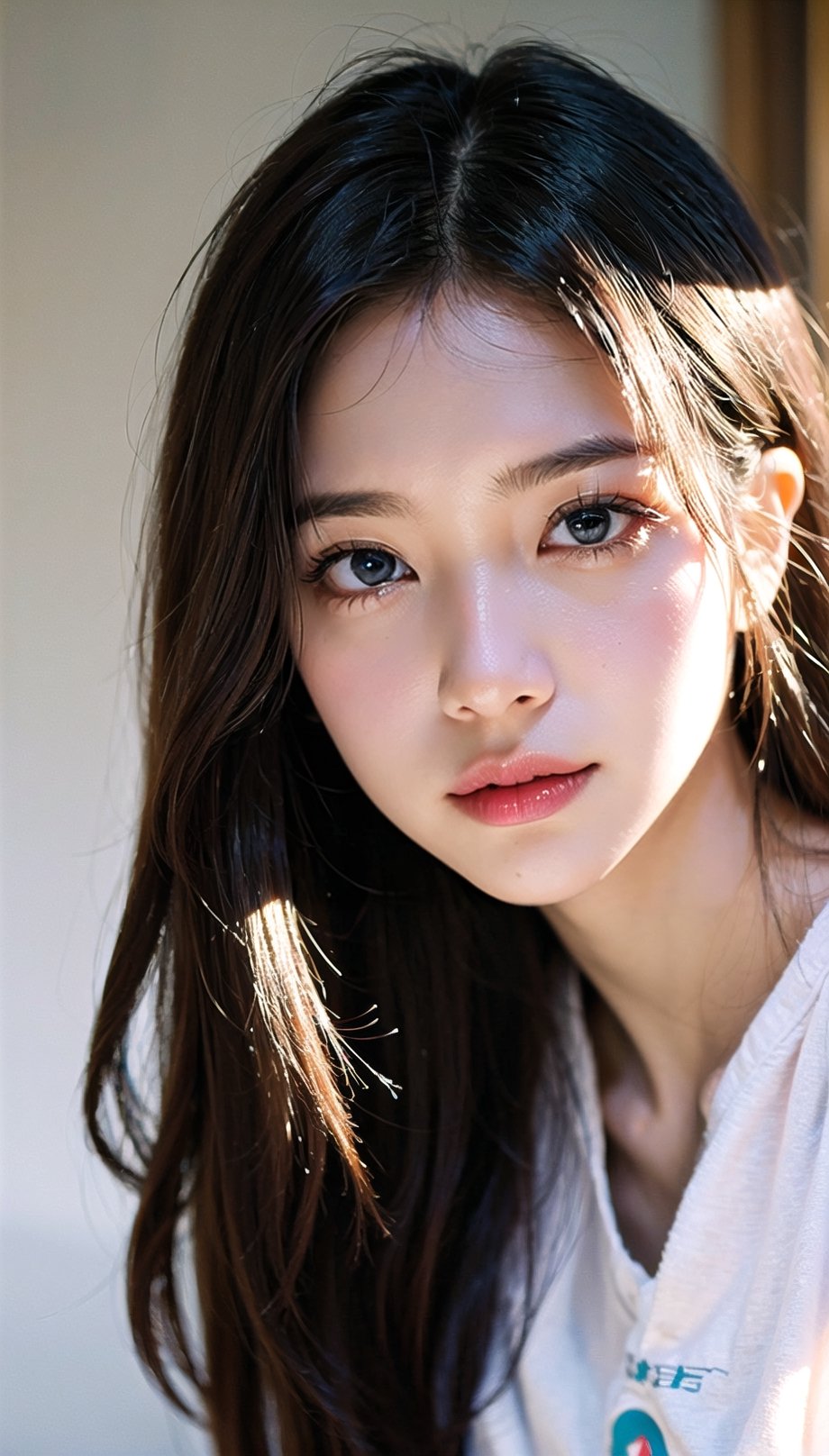 (((masterpiece))), top quality, (beautiful and delicate girl), beautiful and delicate light, (beautiful and delicate eyes), mysterious smile, (brown eyes), (dark black long hair), medium breasts, female 1 , frontal shot , Korean, soft expression, tall, jacket, patterned t-shirt, jeans, sneakers,