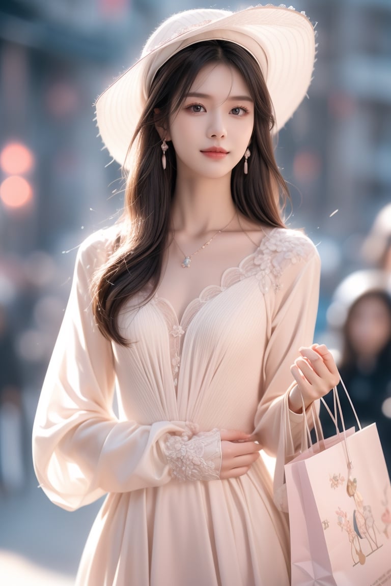 background is runway, pink color background,
18 yo, 1 girl, beautiful korean girl,wearing tight white dress(long sleeves),long white lady hat,holding shopping bag,happy smile, solo, {beautiful and detailed eyes}, dark eyes, calm expression, delicate facial features, ((model pose)), Glamor body type, (dark hair:1.2), simple tiny earrings, simple tiny necklace,bangs, flim grain, realhands, masterpiece, Best Quality, 16k, photorealistic, ultra-detailed, finely detailed, high resolution, perfect dynamic composition, beautiful detailed eyes, eye smile, ((nervous and embarrassed)), sharp-focus, full_body, cowboy_shot,