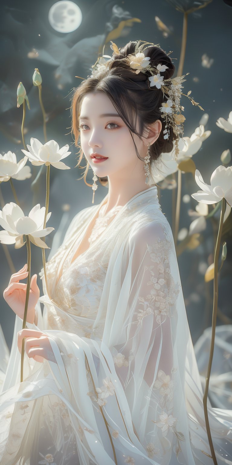 Masterpiece, best quality, 1girl, (colorful), (fine beautiful eyes and detailed face), white lace dress, purple eyes, long and thick eyelashes, bright eyes, looking at the audience, braided hairstyle, movie lighting, Half body shot, extremely detailed CG unified 8k wallpaper, white hair, solo, slightly curled lips, smile, intricate skirt, ((flying petals)), (flowery meadow) sky, cloudy sky, building, moonlight , moon, night, (dark theme: 1.3), light, fantasy, jisoo, 1 girl, asian, woman, z1l4, enhanc3d, korean, SSL, European girls, WaveMiu