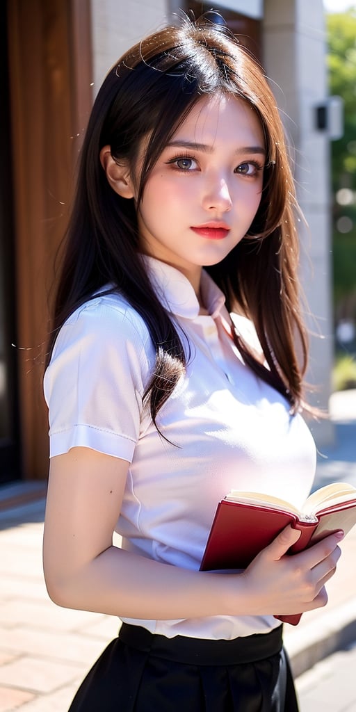 A 27-year-old Taiwanese girl, with a majestic bust, real skin style, delicate face, brown hair, cute European and Japanese girl, Internet idol, angelic face, wearing a plain stand-up collar short-sleeved shirt and a black pleated skirt, holding a book in her arms, looking pure, gentle and innocent, her squinting smiling eyes show her kindness, her expression comforts the viewer, brings joy and bright feelings, creates a beautiful day, she allows us to eliminate worries, drive away anxiety, full of positive atmosphere and energy, the background presents an ethereal and extraordinary feeling