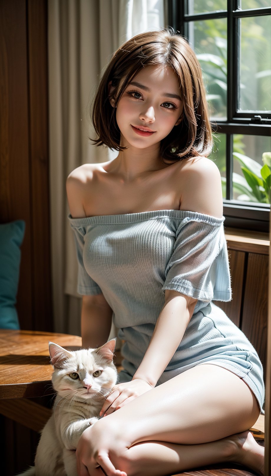 Create a photograph with a realistic style, potentially taken by a professional photographer. It features a well-composed portrait of a young woman and her cat. The woman, situated in the center foreground, is holding a white cat close to her chest. She is wearing an off-shoulder top and smiling at the camera. The background is an indoors living space with warm lighting, including a lit lamp on a table and blurred furniture. Subtle details such as the soft lighting, uncluttered background, and natural tones contribute to a serene, homely atmosphere.