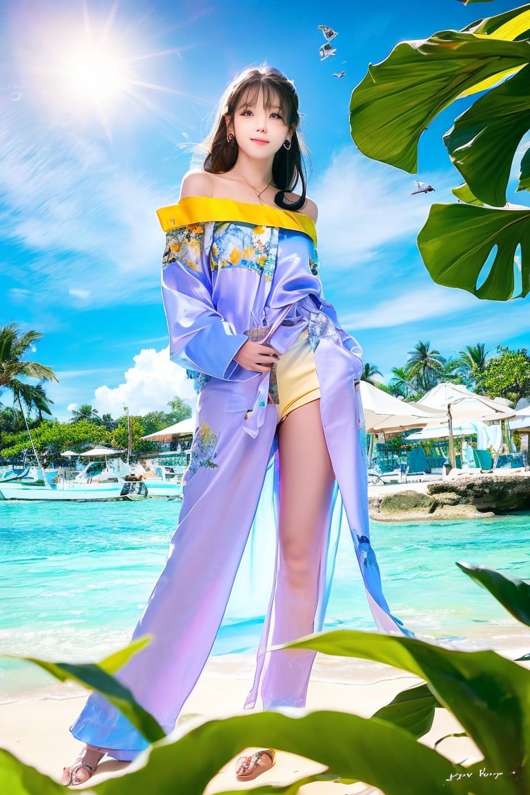 A Taiwanese girl, with real skin style, delicate face, majestic and proud upper body, ethereal and extraordinary feeling, wearing off-shoulder chiffon silk pajamas and a dreamy coat, in a warm morning, with a shy smile in spirit, sitting on the white beach, drinking coffee, with colorful petals flying around her, watching the yellow-blue light of sunrise, the bright green fields and blue sea, enjoying the feeling of being in a paradise at the moment