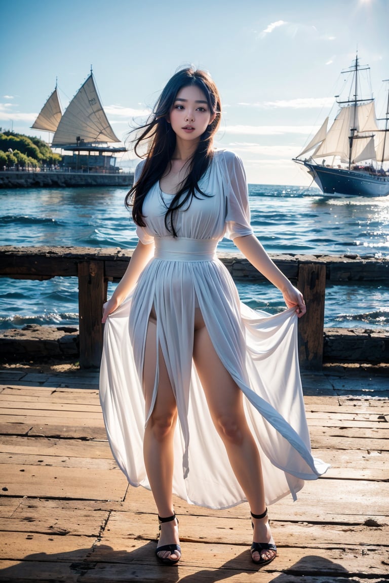 A Taiwanese girl, wearing a white period costume and white tulle, real skin style, delicate face, long flowing hair, strikes a dancing pose with a sailboat as the background. She stands by the boat, with the sea and sails visible behind her, suggesting a nautical theme. The background is a clear blue sky, and the lighting is bright and natural. The overall color scheme is cool, mainly blue, which complements the marine environment, emphasizing realistic textures and bright colors.