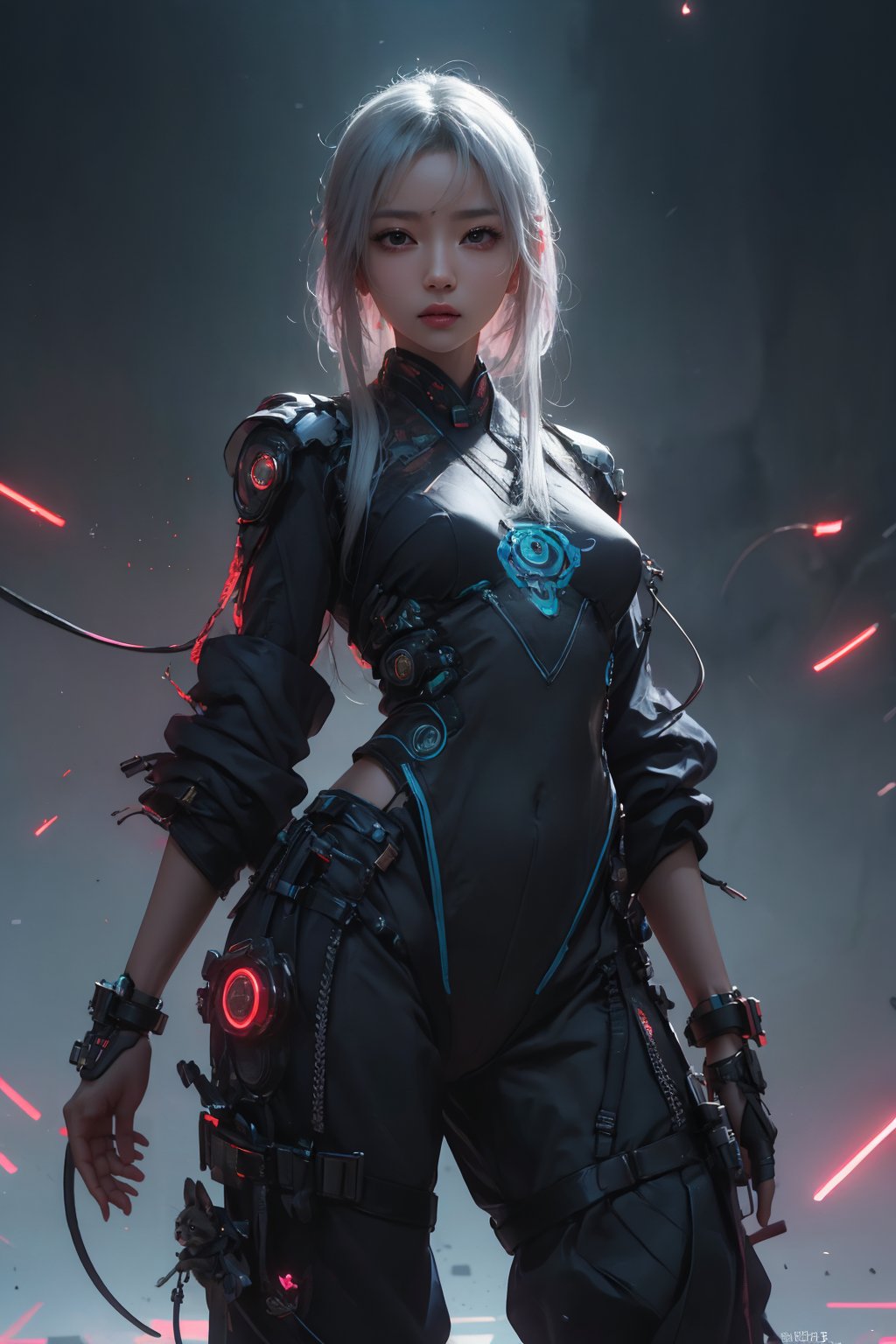 Sexy Pose , (masterpiece),(solo), 1 Japanese beauty, white hair ,  (high sexual attraction,long hair), in the dark night, (sexy Chinese Hanfu+body implants) ,(highly detailed background of ancient Indian achitechture with neon lights) ,Cyberpunk,Enhance,  Chinese fantasy art