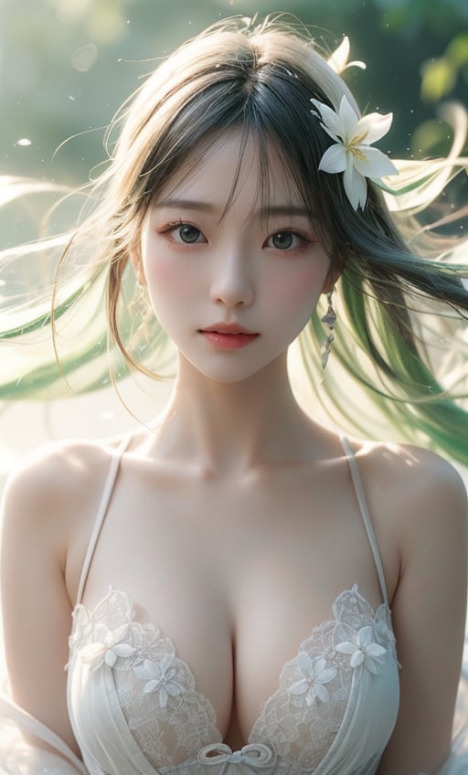 A Taiwanese girl, with real skin style, delicate face, majestic and proud bust, green and soft, matte white, clear water, transparent flowers, white space, rendering, female flow, lightness