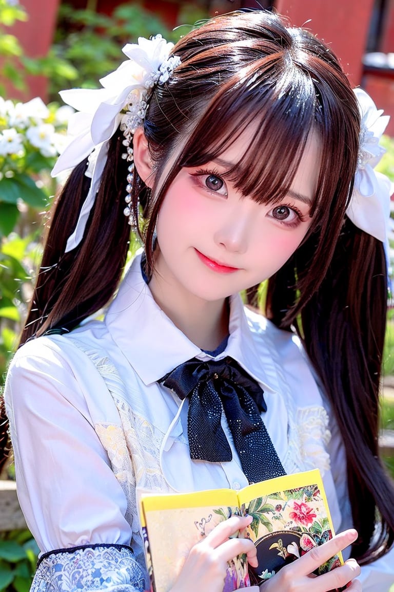 A 27-year-old Taiwanese girl, with a majestic bust, real skin style, delicate face, brown hair, cute European and Japanese girl, Internet idol, angelic face, wearing a plain stand-up collar short-sleeved shirt and a black pleated skirt, holding a book in her arms, looking pure, gentle and innocent, her squinting smiling eyes show her kindness, her expression comforts the viewer, brings joy and bright feelings, creates a beautiful day, she allows us to eliminate worries, drive away anxiety, full of positive atmosphere and energy, the background presents an ethereal and extraordinary feeling